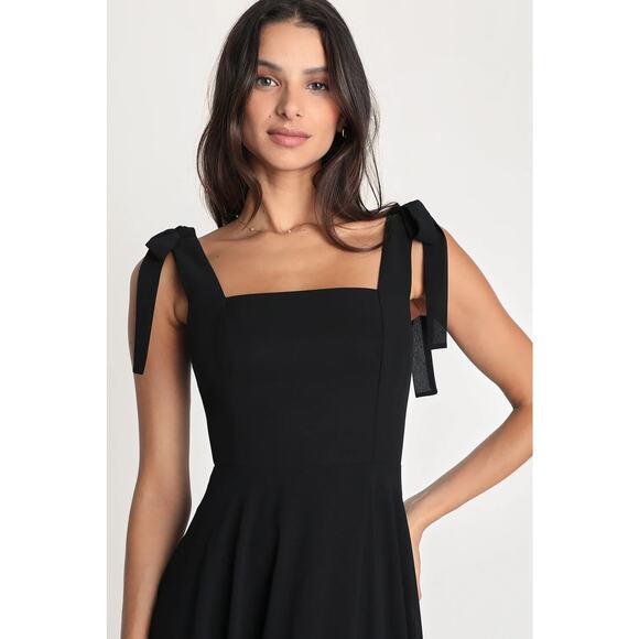 NWOT Lulus Love Me Forever Black Tie-Strap Square Neck Maxi Dress Slit Size L - Picture 3 of 7